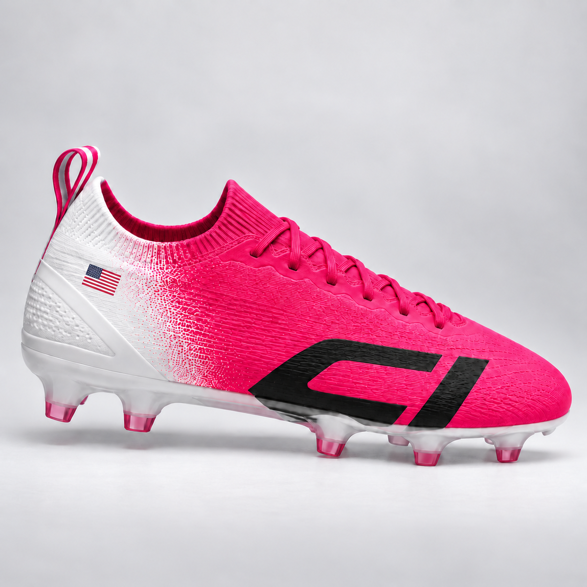 Cleat Icons flag decal on pink and white soccer cleat