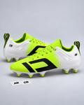 Cleat Icons initials decals on electric lime and white soccer cleats
