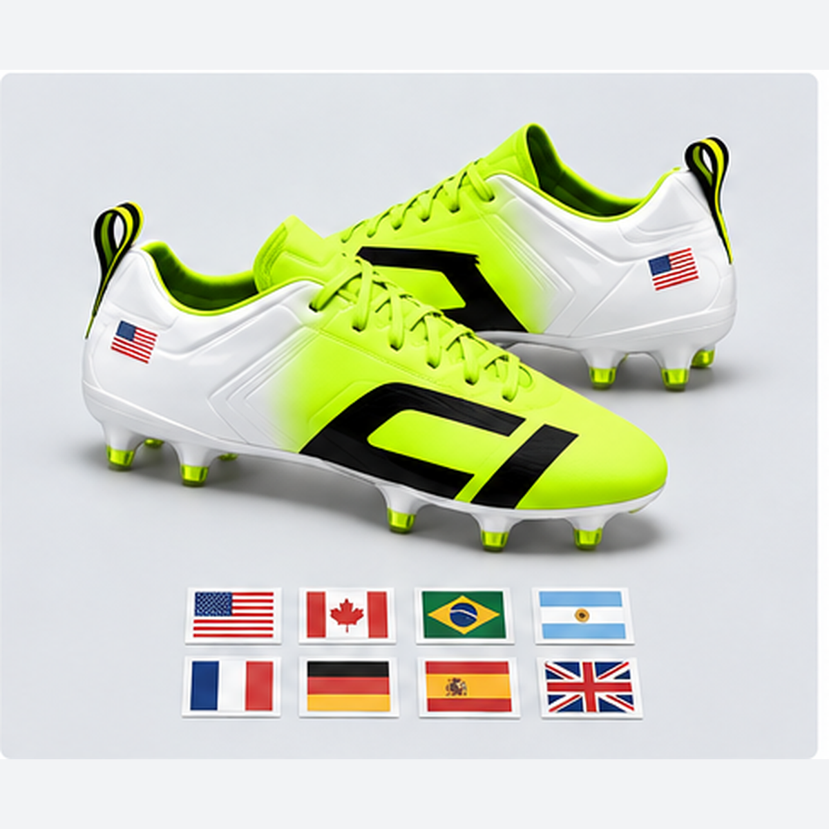 Cleat Icons Team Flags Pack with flag decals on neon lime and white soccer cleats
