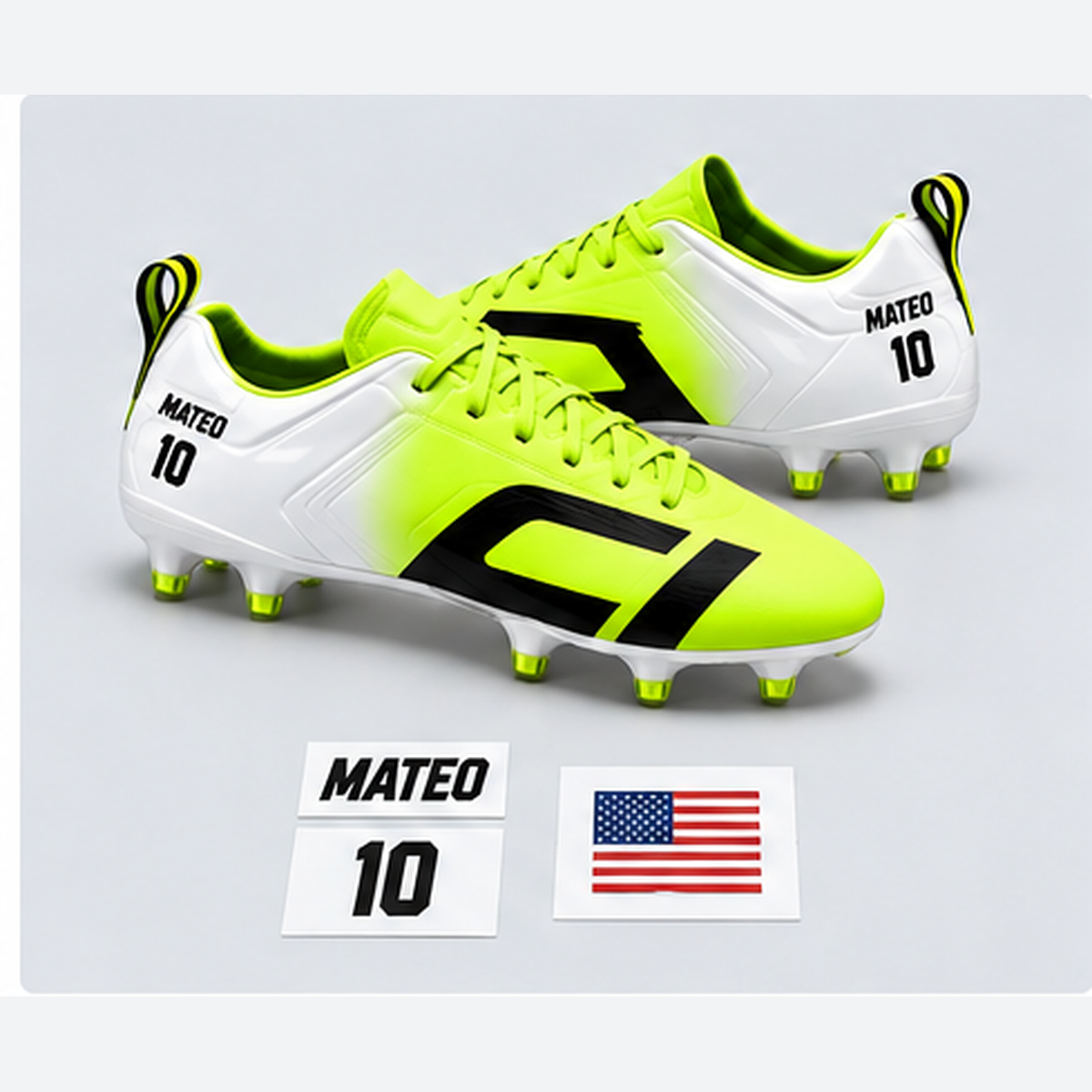 Cleat Icons Team ID Pack with name and number decals on neon lime and white soccer cleats