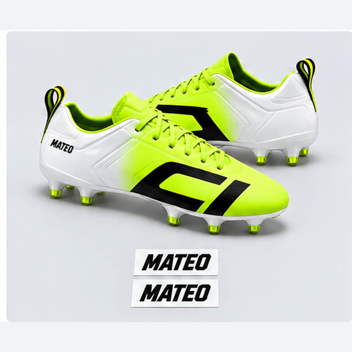 Cleat Icons Team Names Pack with MATEO name decals on neon lime and white soccer cleats