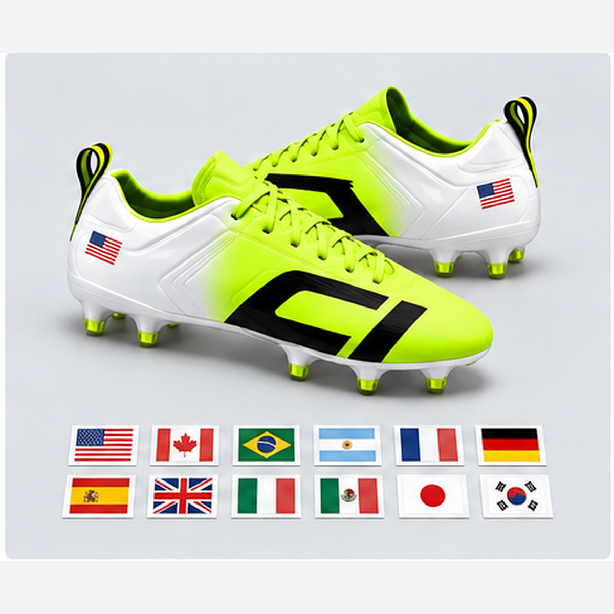 Cleat Icons Team National Pack with international flag decals on neon lime and white soccer cleats