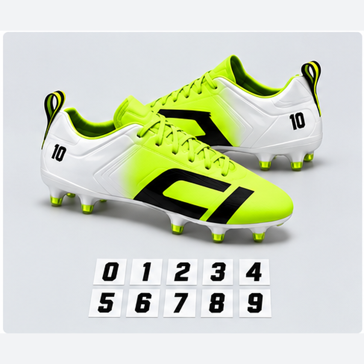 Cleat Icons Team Numbers Pack with number decals on neon lime and white soccer cleats